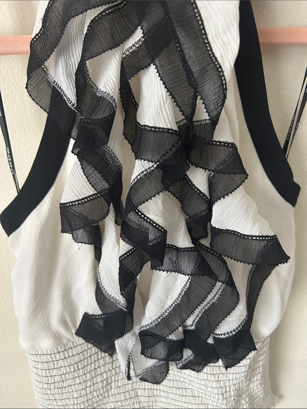 Bebe Vtg Y2K rare cream black silk ruffle halter smocked top blouse S - Picture 14 of 14